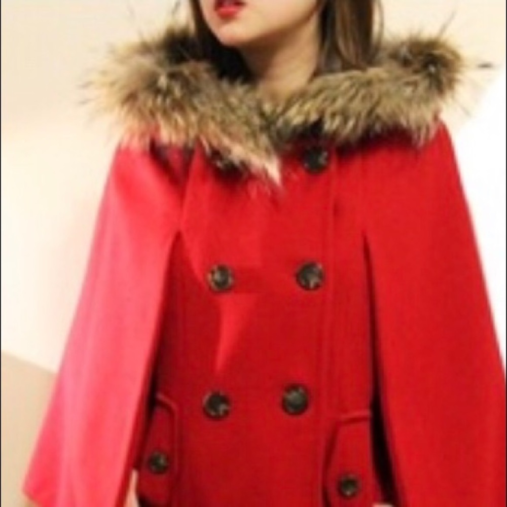 Red Riding Hood Cape Coat with Genuine Fur Trim